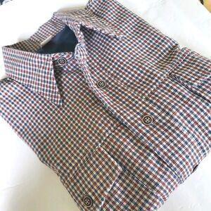 70s 80s Mens L Button Shirt Jacket Red WH BL Check Plaid Retro Shacket USA EUC